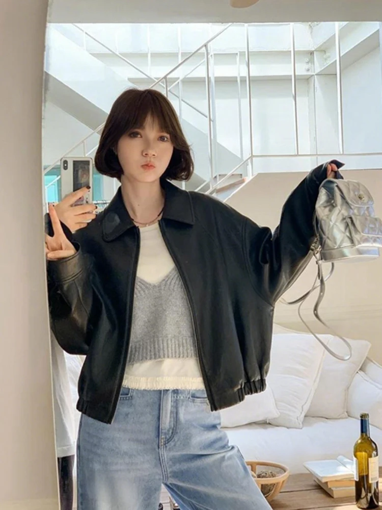 

Korean Sle Simple Small Versatile Leather Jaet Spring New Unique Faion Loose High-End Feel Outerwear Top