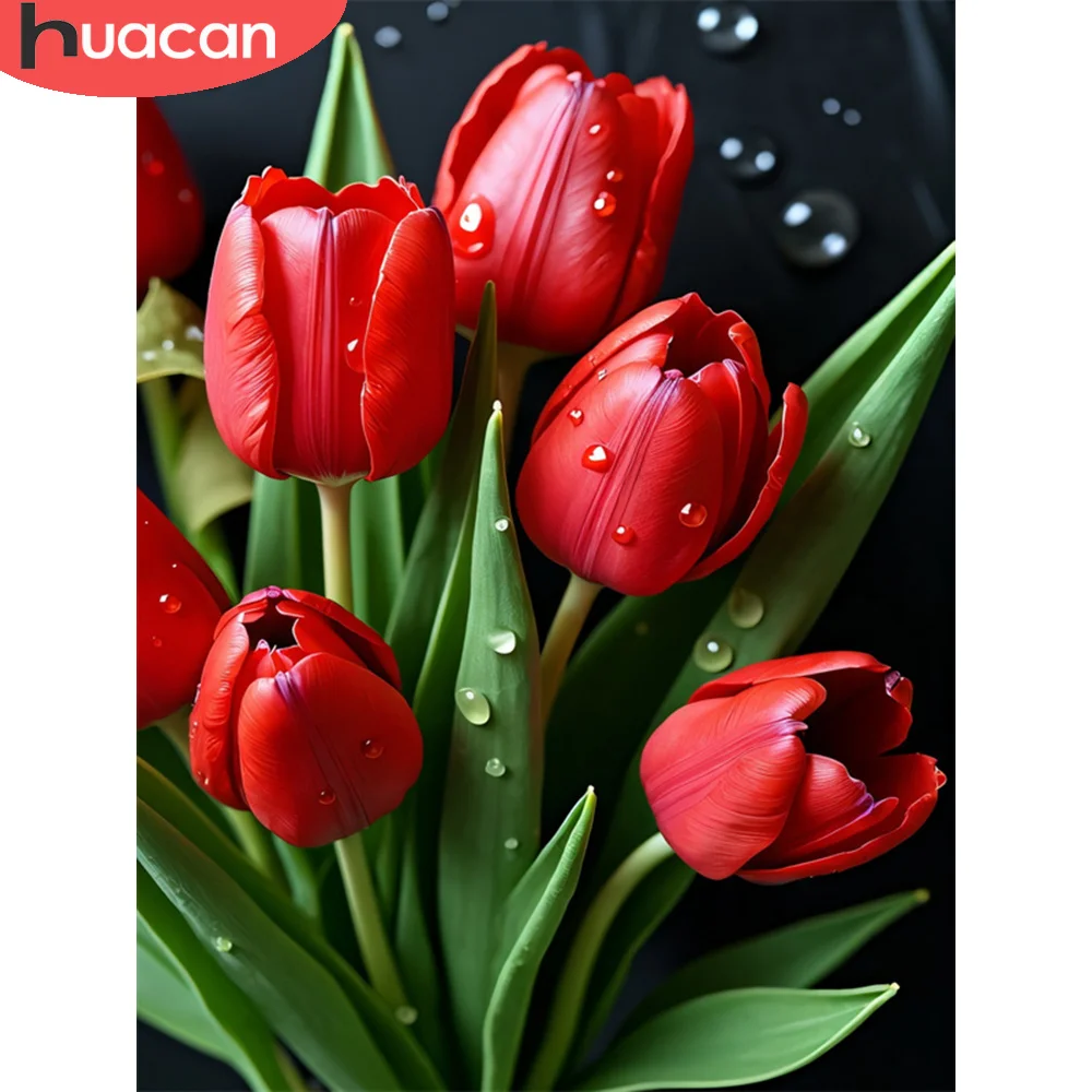 

Huacan Изысканная алмазная живопись Художественный цветочный дизайн красного тюльпана с глянцевыми бусинами из смолы Алмазная вышивка Стразы