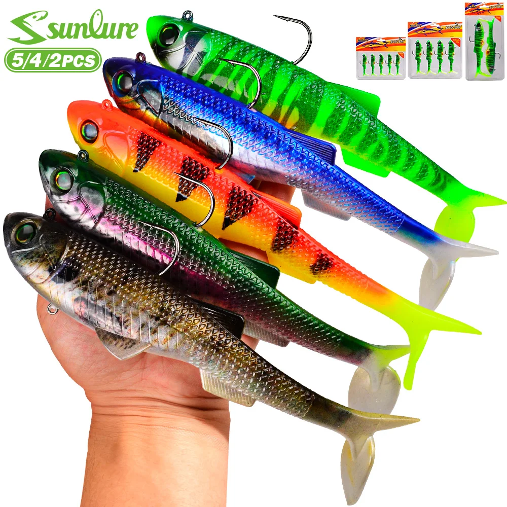 Sunlure 2/4/5Pcs T‑Tail Soft Fishing Lures Single Hook Lifelike 3D Eyes Swimbait Long Casting Bass Pike Saltwater Fishing Gear