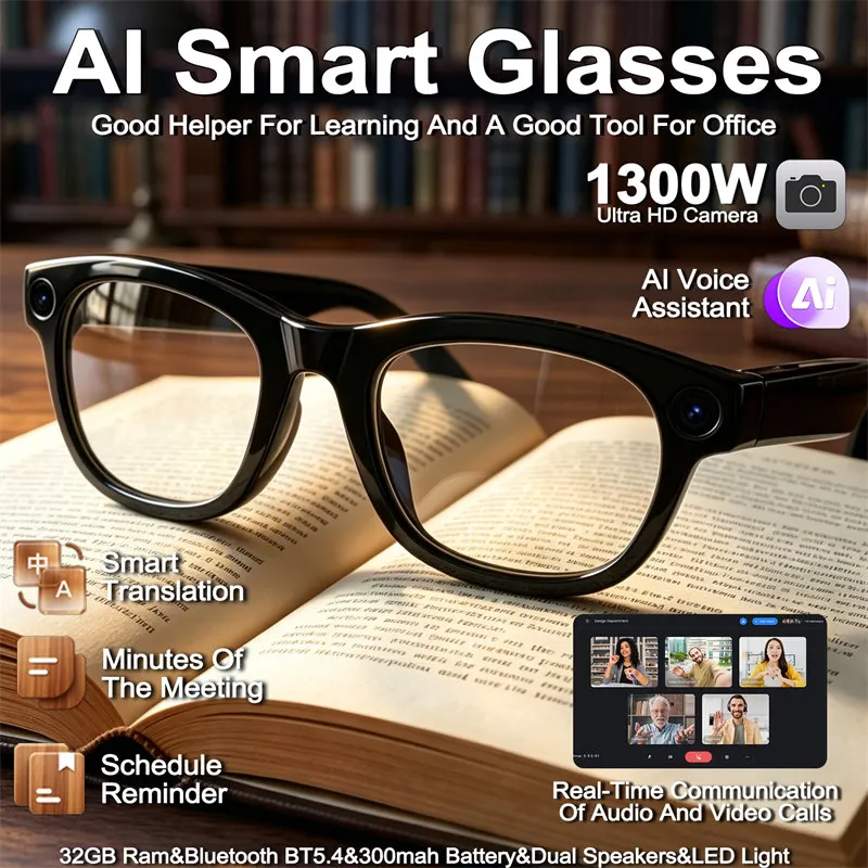 Nouvelles lunettes de bureau intelligentes avec caméra 13MP, communication audio et vidéo en temps réel, traduction intelligente, lunettes d'apprentissage IA pour le bureau