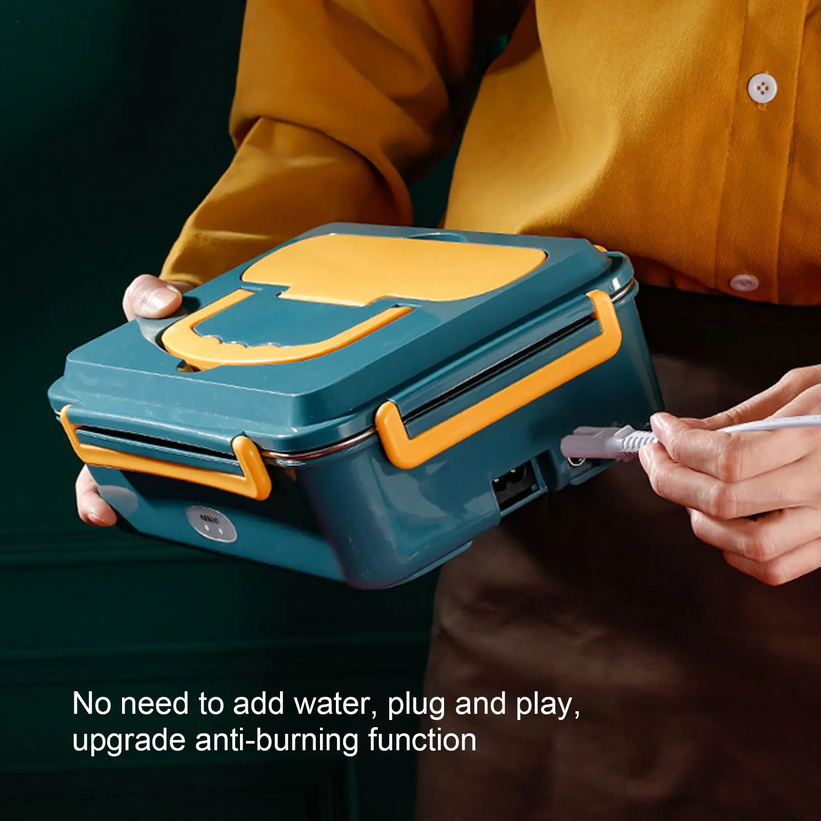 Electric Lunch Box 304 Stainless Steel Water Free Pluggable Dark Green Leakproof Portable Office Car Heated Lunch Box US Plug