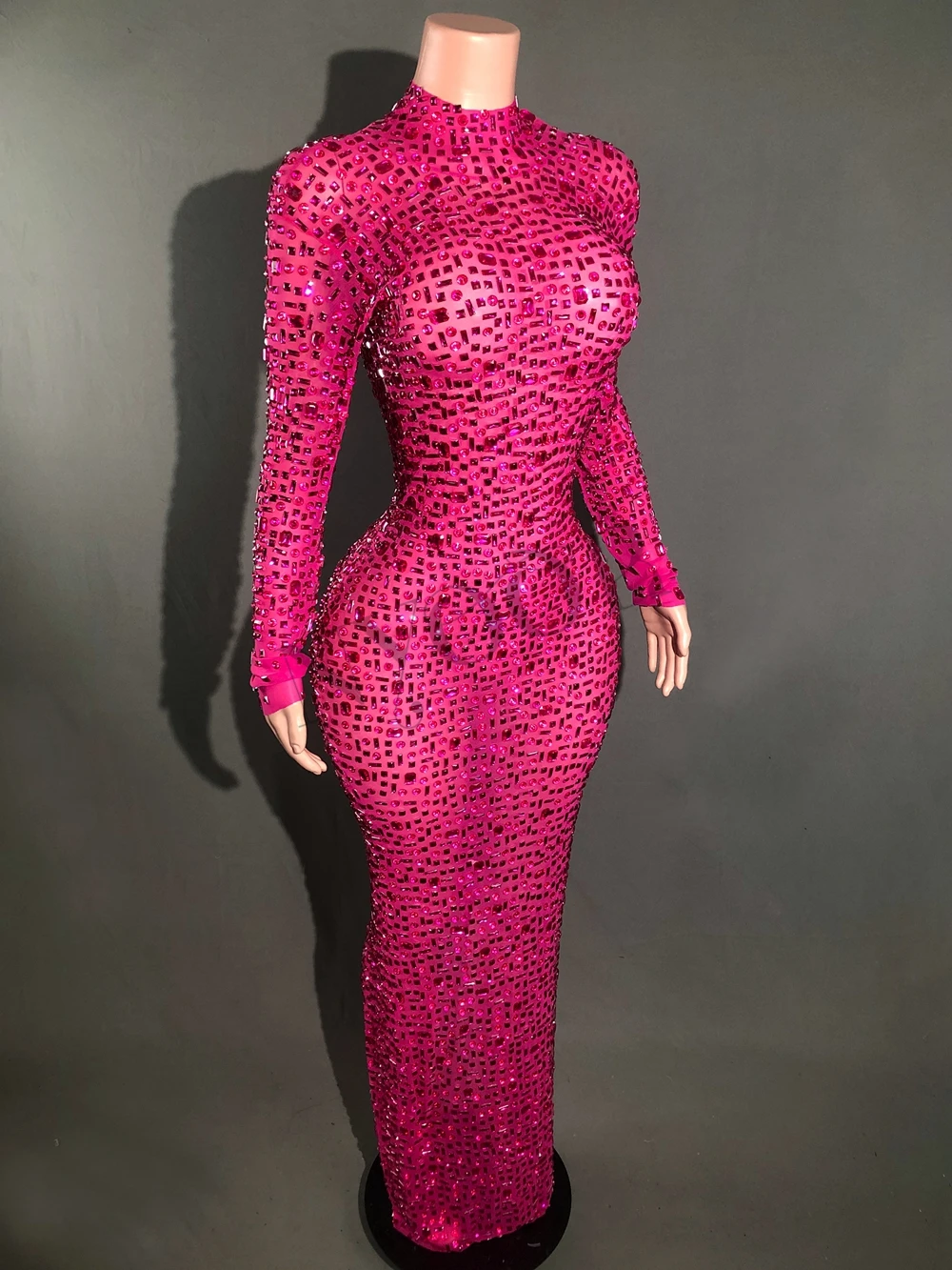 Vestido largo de manga larga con diamantes de imitación brillantes para mujer, vestidos sexys de malla para celebración de cumpleaños, vestidos de fiesta de noche, ropa para sesión de fotos