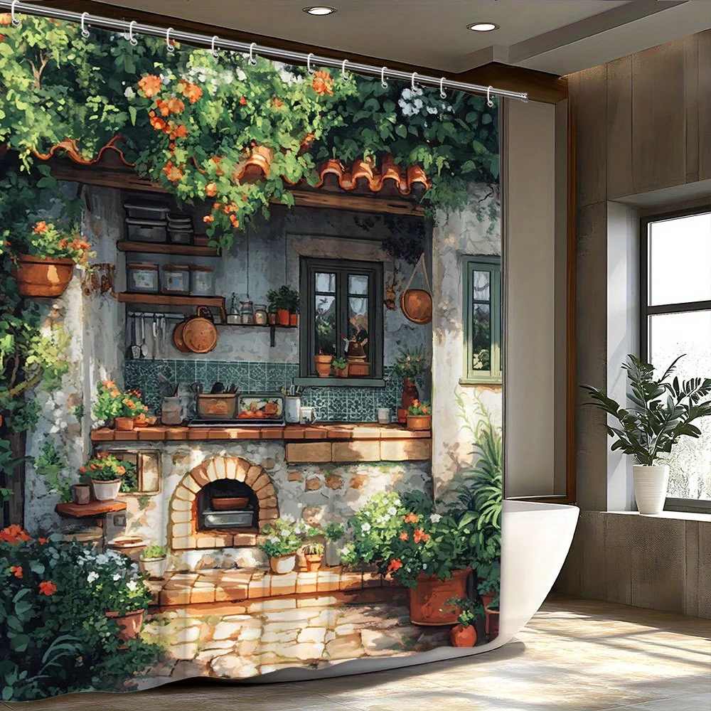 Rustic Kitchen Garden Shower Curtain - Stone Wall, Climbing Plants,Red Orange Blooms,Cobblestone Path,European Village Aesthetic
