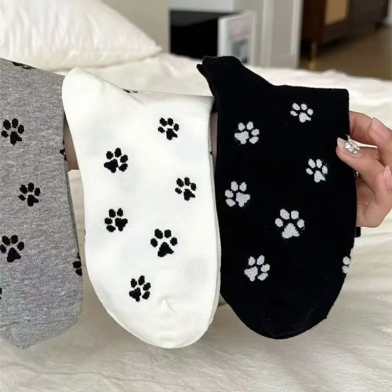 

1-3pairs Paw Print Socks Women Harajuku Style Animal Pattern Knee High Sock Comfortable Sweat Absorbing Breathable Casual Socks