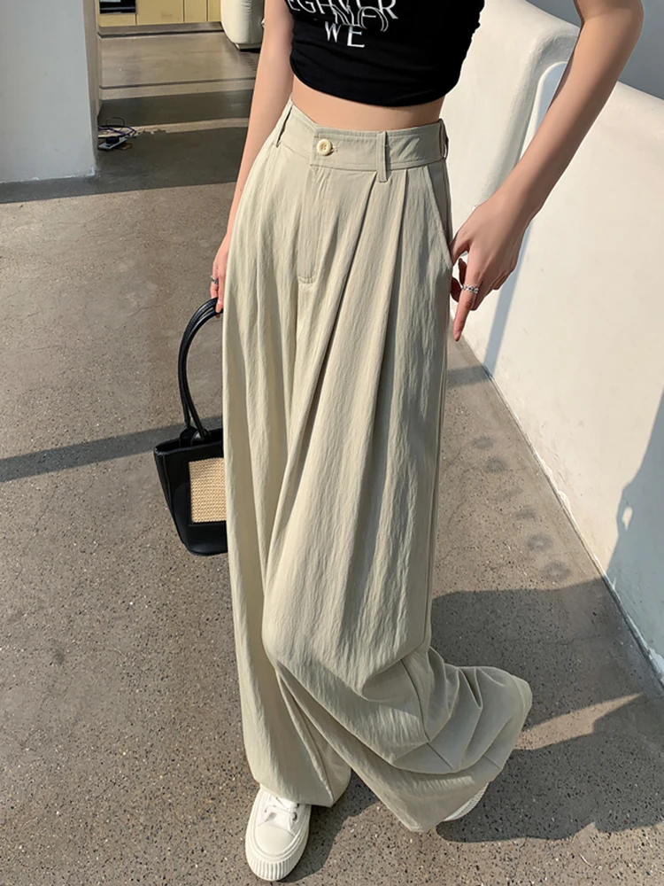 Solid Color Cool High Waist Loose Summer Female Wide Leg Pants Korean Basic Full Length Simple Casual Chicly Pockets Women Pants