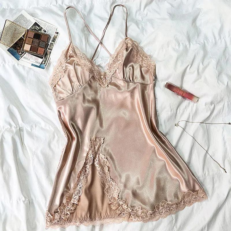 Ice Silk Thin Style Halter Nightdress Women\'s Lace  Homewear Sexy Pajamas Solid Lenceria Mujer Silk Satin Suspender Dresses