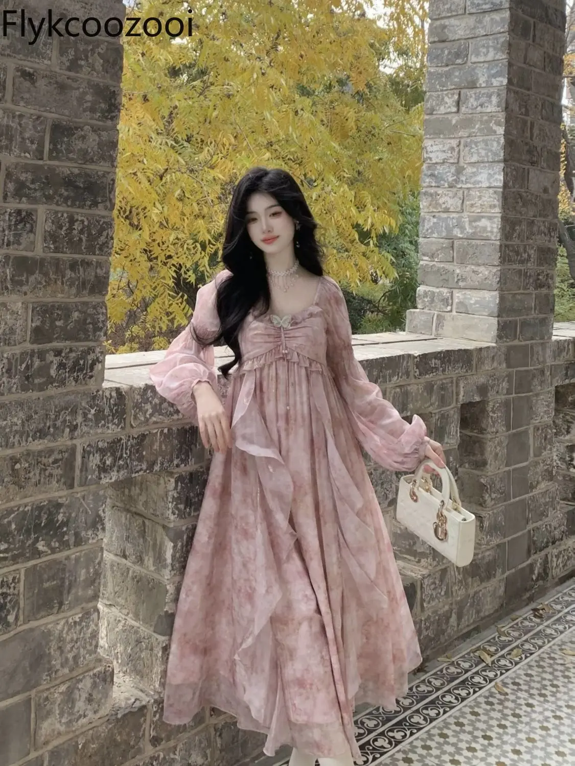 

Flykcoozooi French Style Fairy Ruffle Edge Butterfly Tie Dye Print Long Dress for Women Summer Loose Sweet Vacation Beach Dress