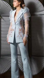 Light Blue Women Suit Pants Set Summer 2 Piece Blazer+Trousers Wedding Tuxedo Tulle Sleeve Jacket Tailored Office Lady Lace Coat
