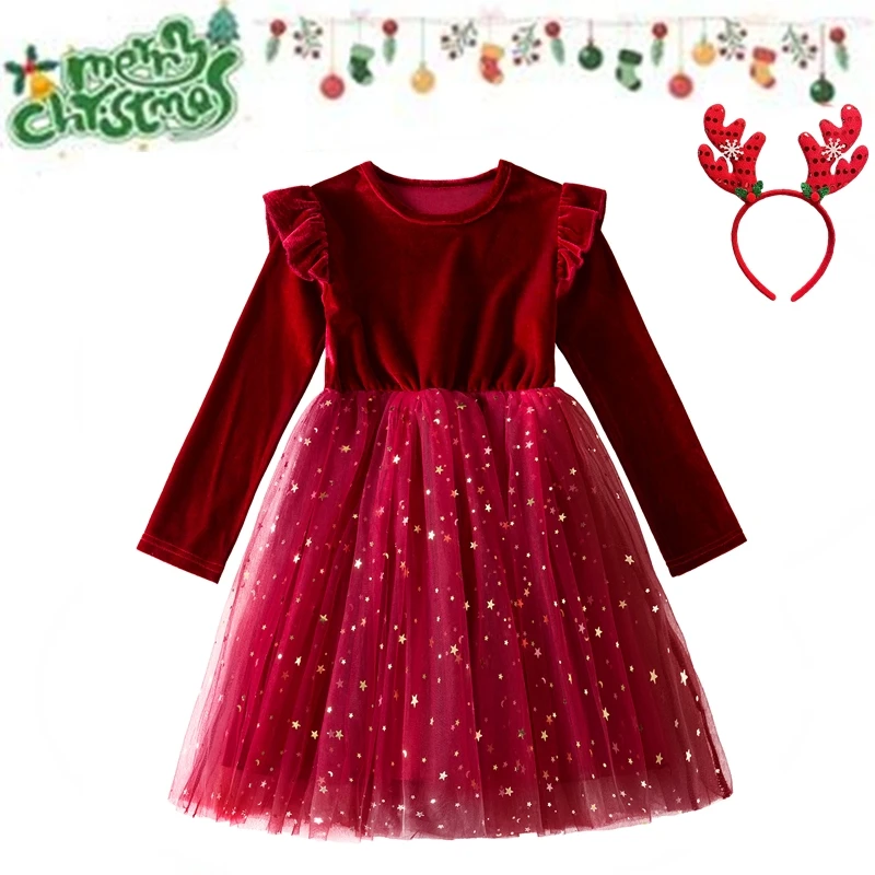 New Children Christmas Dresses For Girls Star Mesh Princess Dress Red Christmas Clothes Kids Girls New Years Costume 3-8 Yrs