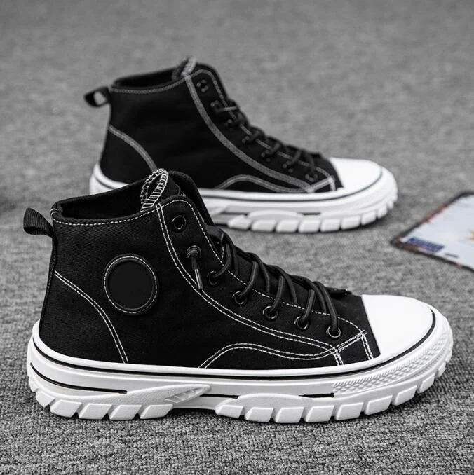 Fashion High Top Canvas Shoes Men Lace-up Sneakers With Platform Beige Black Gray Breathable Men Skateboard Trend Shoes