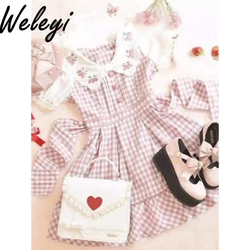 Sweet Japanese Bow Dress Women's Summer Cute Strawberry Embroidery Mass Produced Mine Series Sailor Collar Plaid Princess Frock