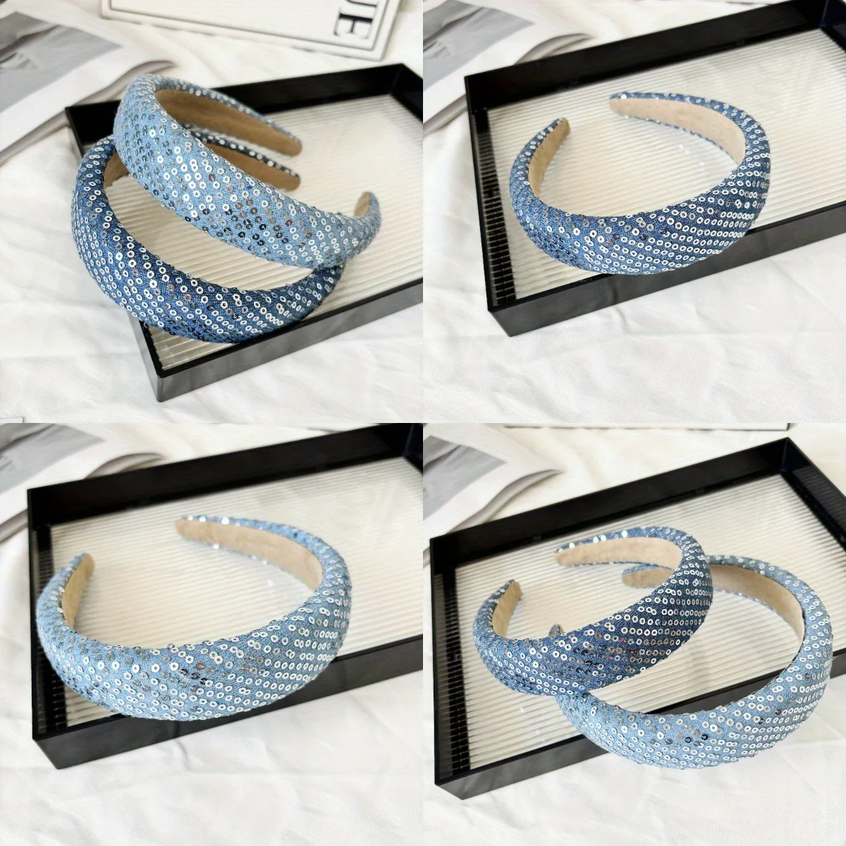 

Denim Glitter Headband Sparkling Sequins High Crown Soft Sponge Non-Slip for Women Girls Street Hip Hop Daily Hair Accessories