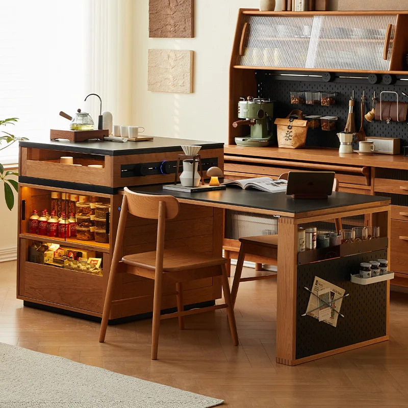 

Solid wood island rock slab dining table integrated multi-functional household mid-island stretch cabinet dining side cabinet