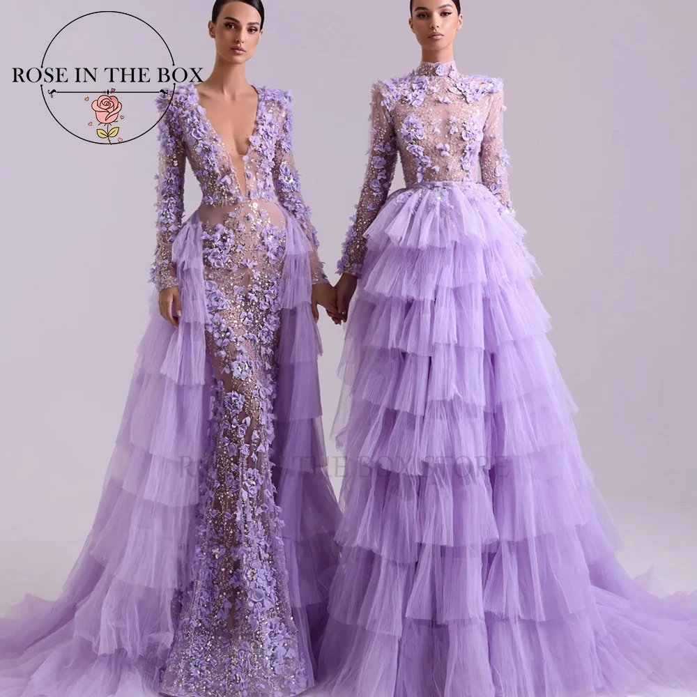 

ROSEINTHEBOX Customized Stunning Lilac 3D Floral Evening Dresses for Women Long sleeve Elegant Party Dresses for Formal Events