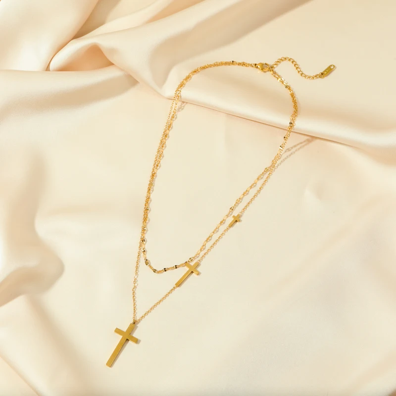 EILIECK 316L Stainless Steel Gold Color Cross Pendant Necklace For Women New 2in1 Choker Chains Jewelry Lady Gift Party Bijoux