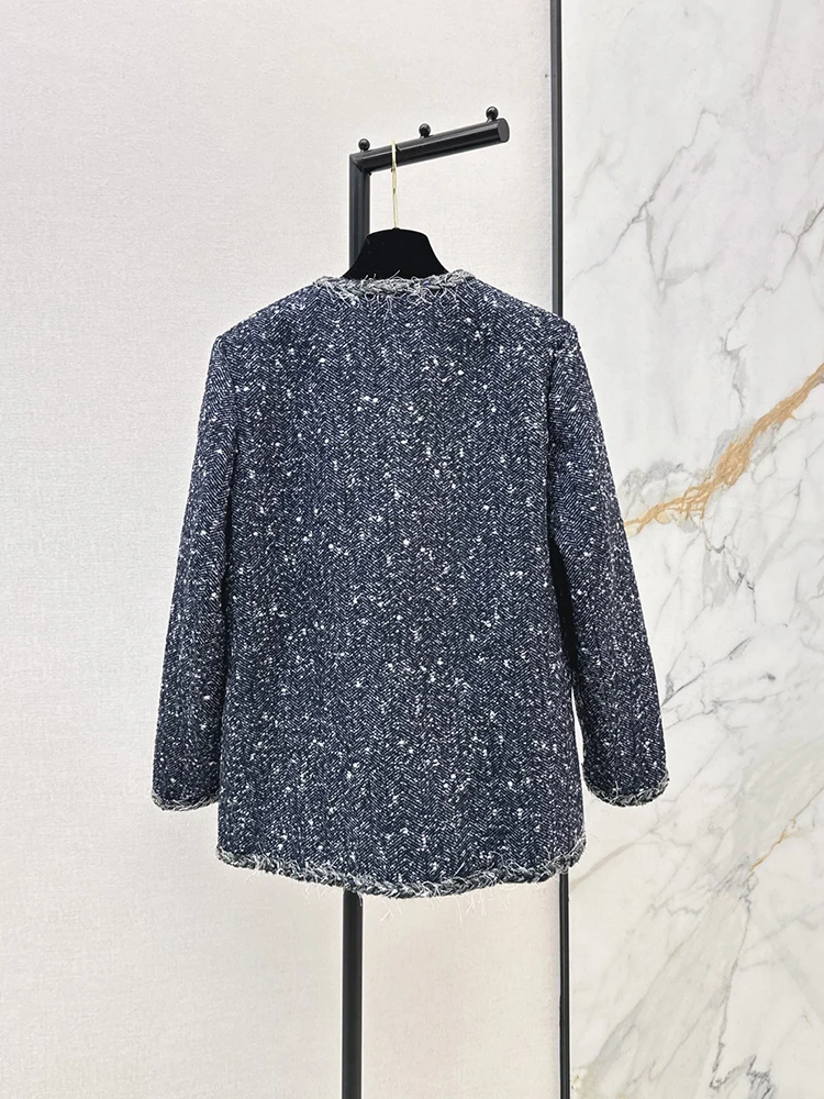 Spring Autumn Fashion Navy Blue Vintage Sequins Weaving Coat Women's O-Neck Long Sleeve Weave Multi Pocket Straight Barrel Coat