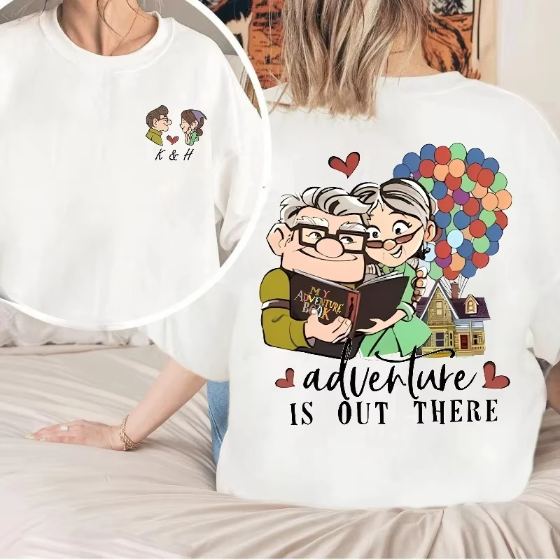 ديزني شهر العسل هدية ديزني/بيكسار أب كارل وإيلي على الوجهين تي شيرت مطبوع كارل وإيلي زوجين تي شيرت الرجال النساء القطن