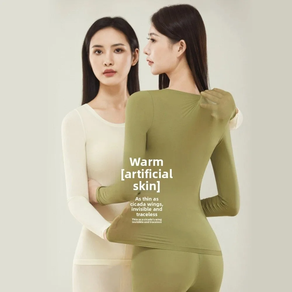 Ultra Thin Women Thermal Clothes Round Neck Invisible Thermal Underwear Lingerie Feel Heating Warmth Long Pants Girls Female
