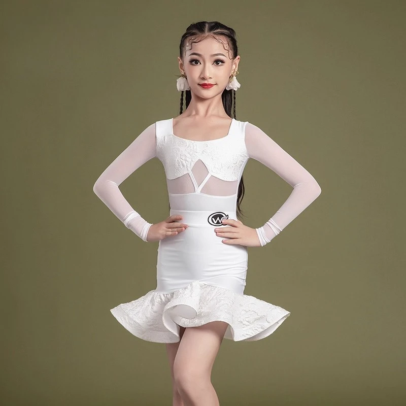 

High-end whiteperformance dress for the new autumn and winter childrens dance practice outfit set of Latin Dance Dress for girls