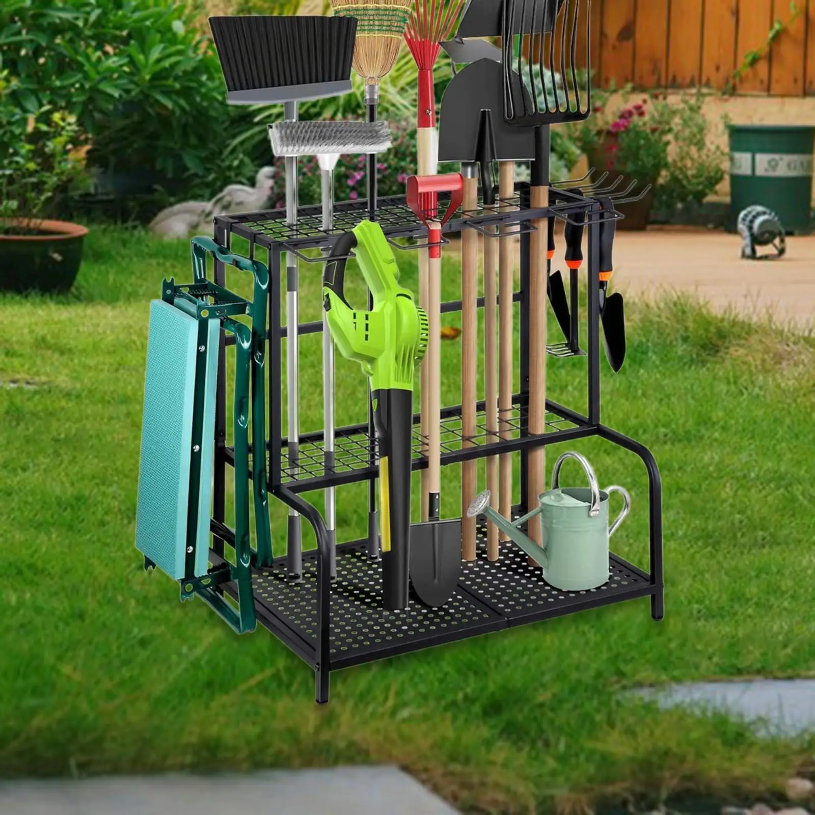 

Garden Tool Organizer Utility Shelf with Wheels for Outdoor Shovels Broom