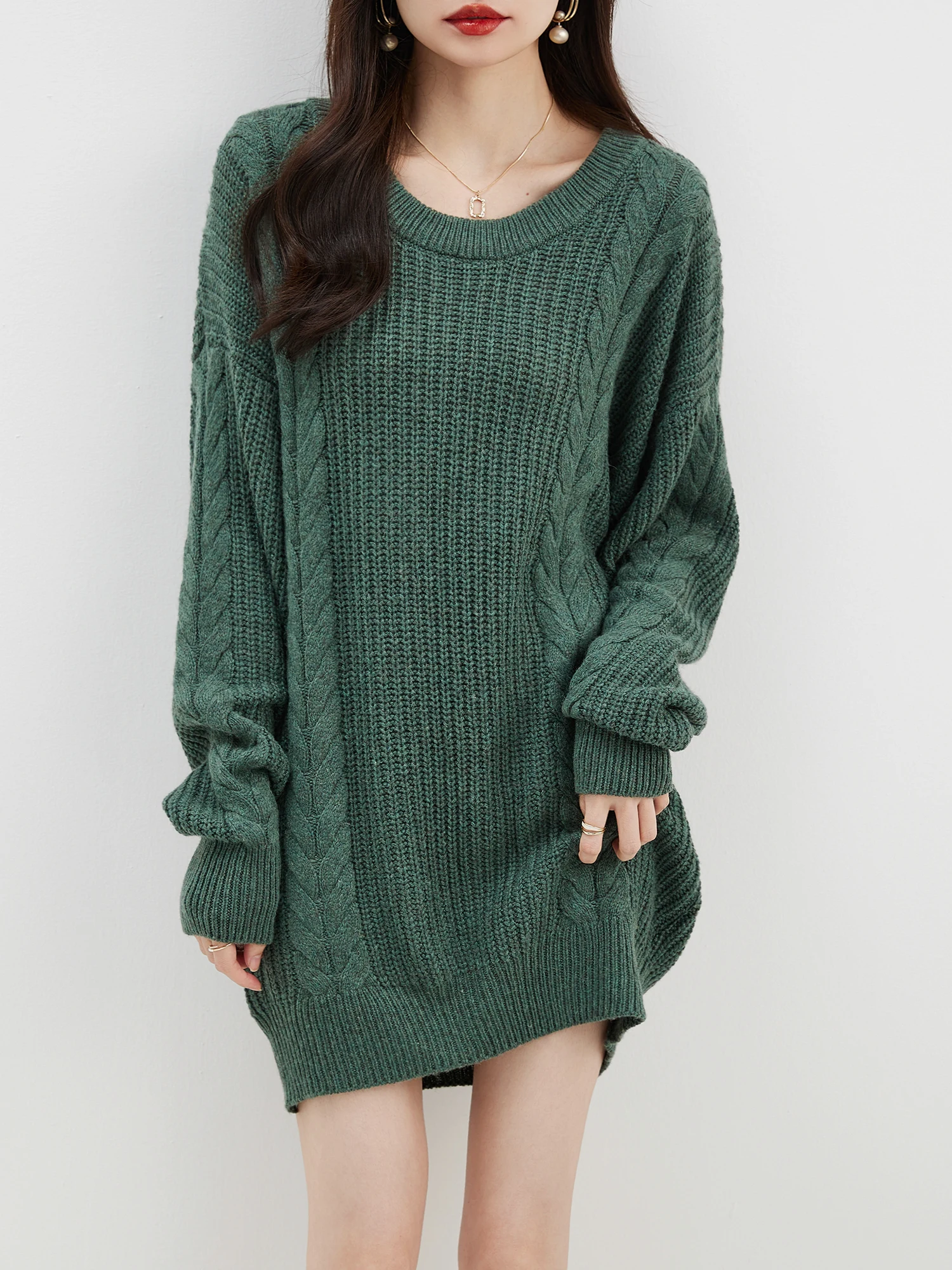 EU Size Sweater Women\'s 2023 Oversized Fall Winter Warm Crewneck Long Sleeve Knit Cable Long Pullover Fashion Wool Sweater Dress