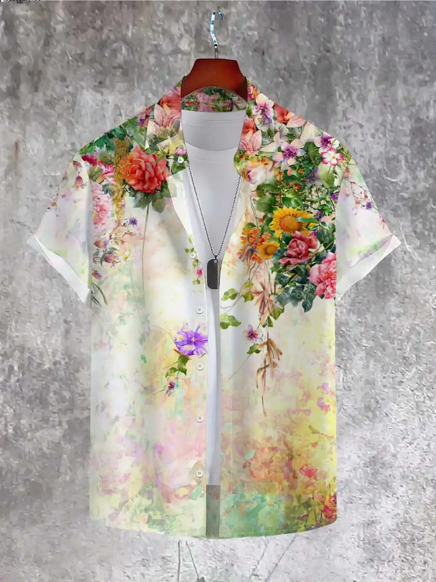 

Mens Floral 3D Print Casual Short Sleeve Button Up Shirt Beach Style