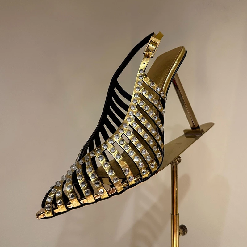 Bling Rhinestone Rivet Decor Pumps Women Peep Toe Real Leather Thin High Heel Siandals Spring Summer Party Dress Wedding Shoes