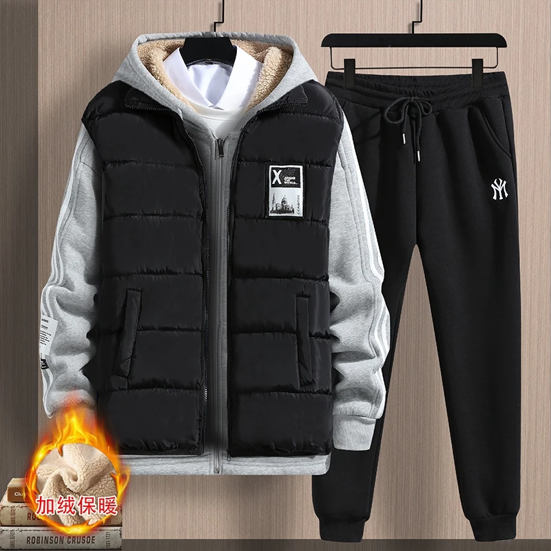 Winter Warm Men Sets 3 Pieces Vest Hoodie Set Fleece Zipper Casual Sport Sweatpant Men Tracksuit Outfit Sweat Suit