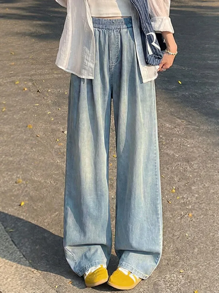 

High Waist Wide Leg Jeans Women's Summer Thin Loose Slim Straight Cut Denim Pants Elastic Waist Casual Style Blue