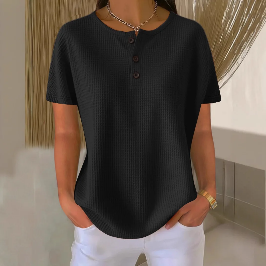 Fotografia 4: Blusa de Malha Waffle com Gola Redonda, Nova Coleção Verão 2026, Cor Sólida, Manga Curta