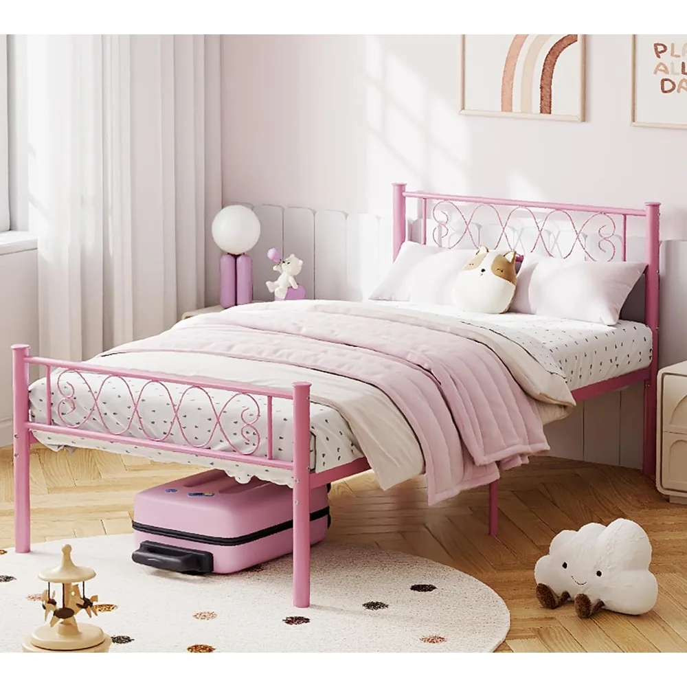 Metal Bed Frame Heart Iron with Headboard Footboard Reinforced Thick Metal Slat Support Fast Tool-free Assembly Stable Noise-free Sleep Bed