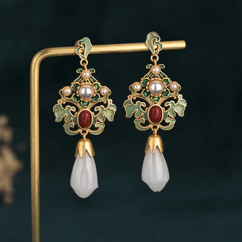 New Trendy Gold Color Drop Earrings Enamel Flower 2024 Fashion Hanging Women Earrings Chinese Style Jewelry Girls Party Gift