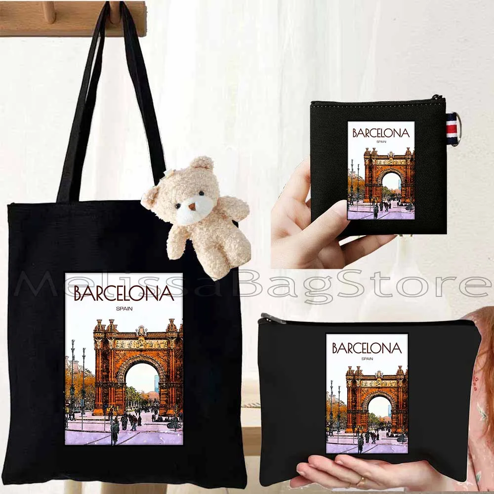 

4PCS Cute Gifts Set Barcelona Black Canvas Tote Bag Handbag with Doll Key Coin Purse Cosmetic Makeup Toilet Bag Case Pouch