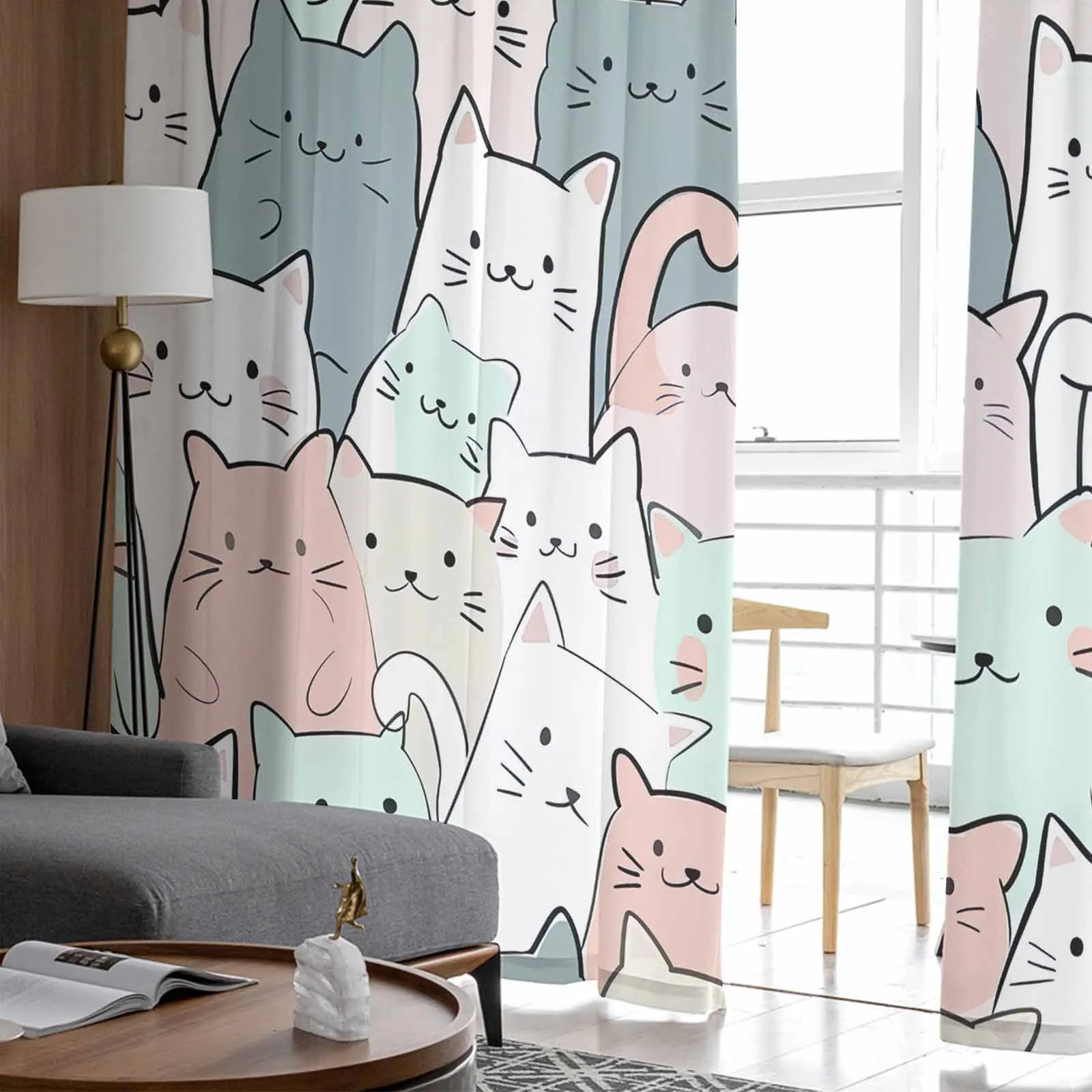 Cat Line Arrangement Hand Drawn Tulle Curtains For Bedroom Home Decor Living Room Kitchen Voile Curtains For Blind