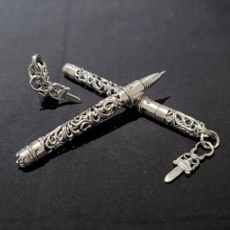 Luxury Ball Pen Retro Hollow Carved Metal 925 Stainless Steel Ballpoint Pens High-end Business Black 0.5mm Gift Stationary