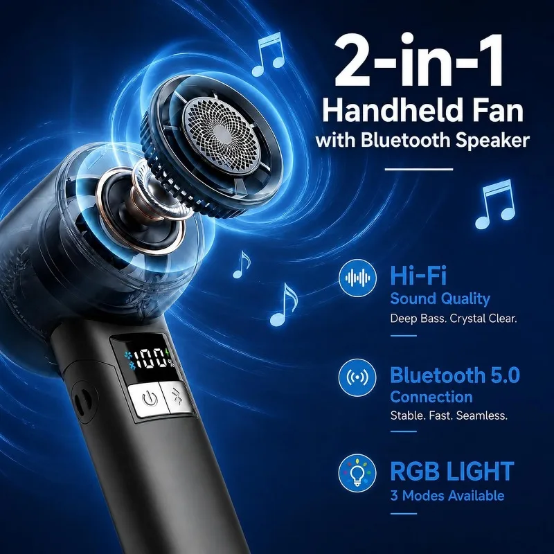 2 in 1 Portable Handheld Fan with Bluetooth Speaker RGB Lighting USB Rechargeable Foldable Design for Travel Camping Outdoor