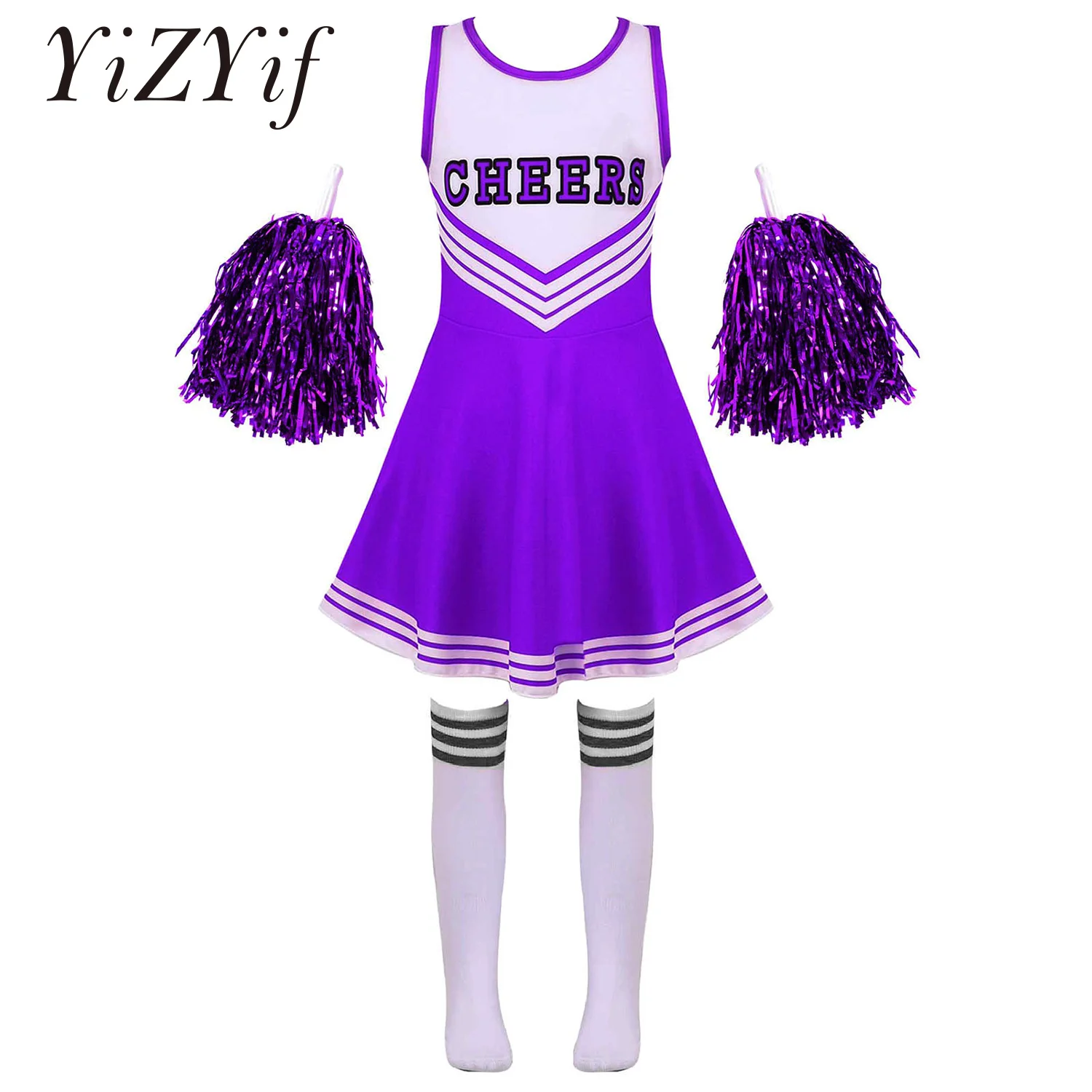 Kids Girls Cheerleader Uniform School Child Cheer Costume Outfit for Carnival Party Halloween Cosplay Dress Flower and Socks