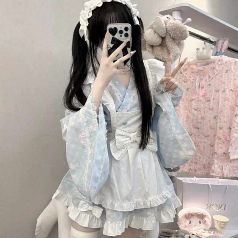 Japanese Sweet Lolita Style Dress Kawaii Cute Cartoon Print Princess Party Dresses with Bow Apron Cosplay Costume Maid Dress Set