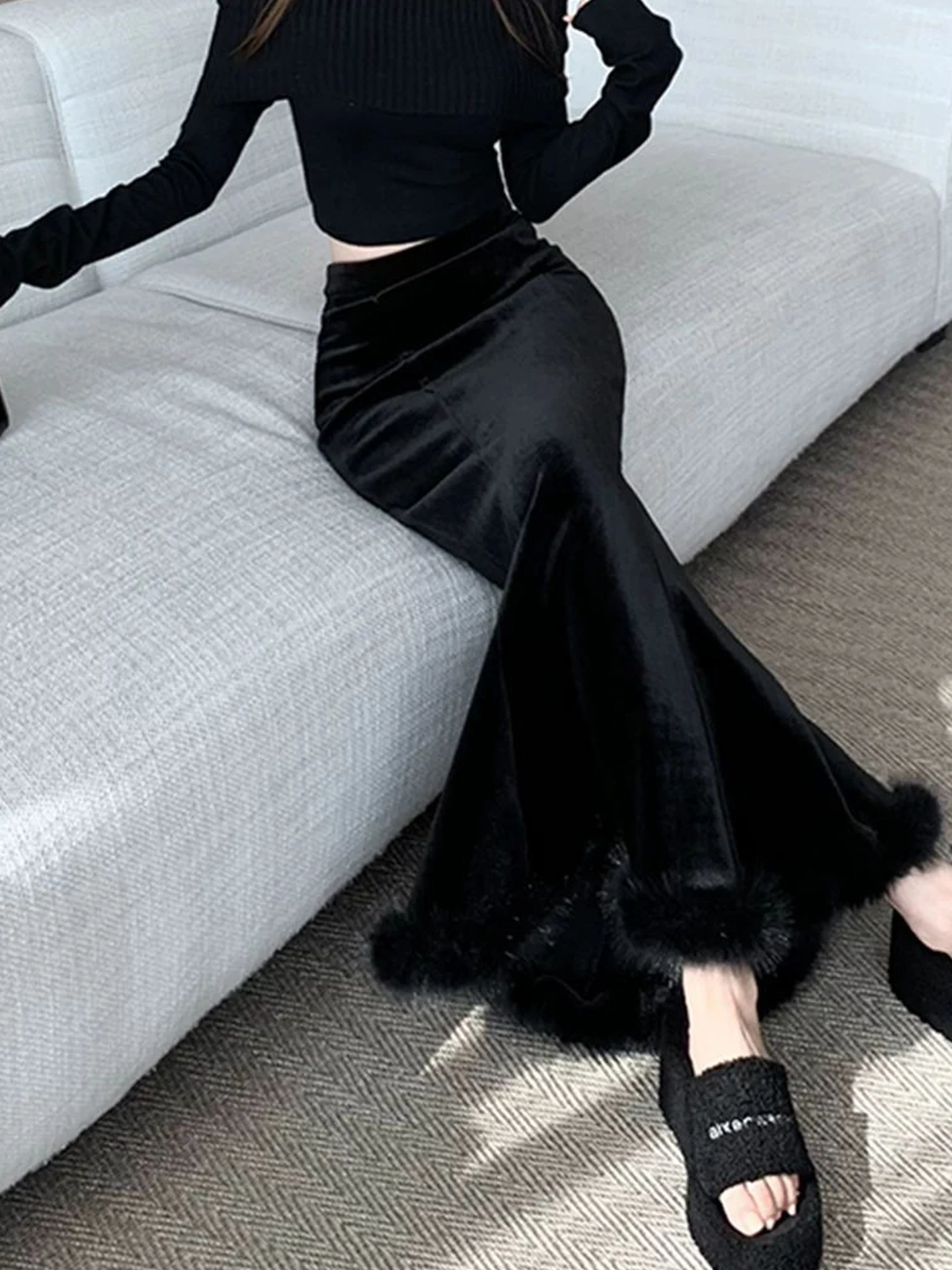 

Gold Velvet Fce Lined Slimming A-Line Fi Tail Skirt for Women Ele Warm High Waist Zipper Casual Sle Winter Skirt