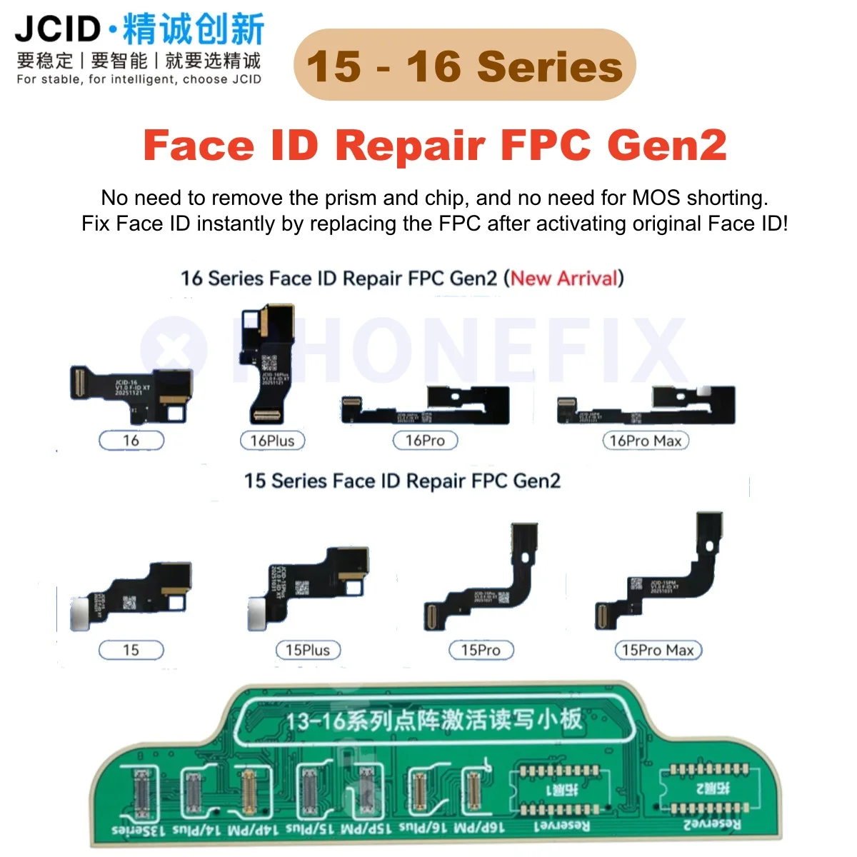 

JC JCID 2nd Face ID Repair FPC Cable No Need To Remove Prism Chip / No MOS Shorting for IPhone 15-16ProMax /Plus Face ID Repair