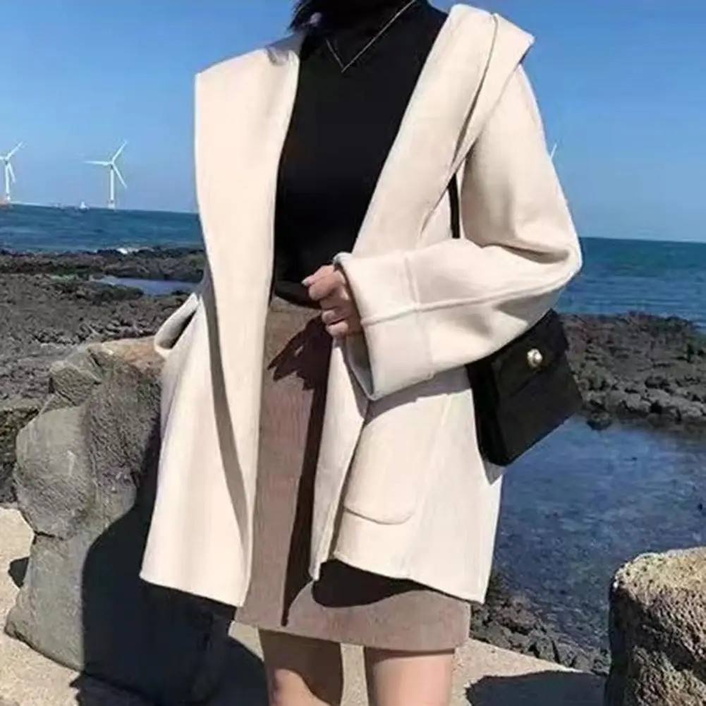 Women Long-sleeve Jacket Mid Length Hooded Women's Overcoat with Open Stitch Pockets Thickened Warm Winter Coat for Fall Loose