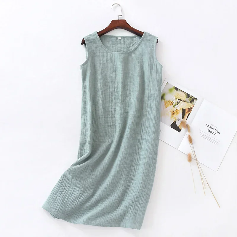 100% Cotton Gauze Women's Dress Solid O-Neck Short Basic Home Nightdress Female Dress 121964WLA