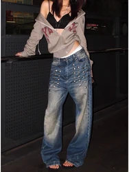 American Y2K Retro Plush Stitching Micro Flared Jeans Women Gyaru Y2K Denim Slim Cargo Pants Cyber Punk Hip-pop 2000s Tomboy New