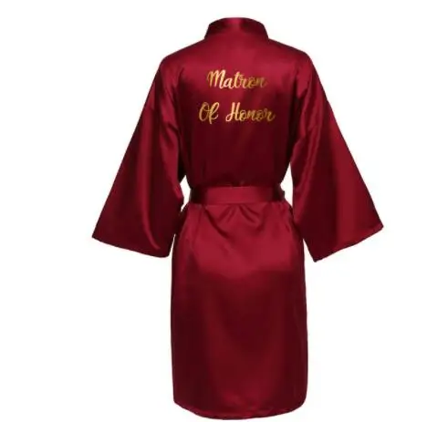 InjSatin-Robe de mariée pour demoiselle d'honneur, vêtements de nuit, peignoir en span, vin rouge, or, texte