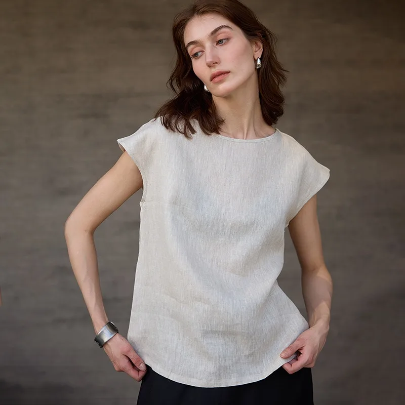 

Casual Shirts for Women 100% Linen Short Sleeve O-neck Summer Loose Vintage Fashion Basic Comfortable Office Lady Tops Clothes