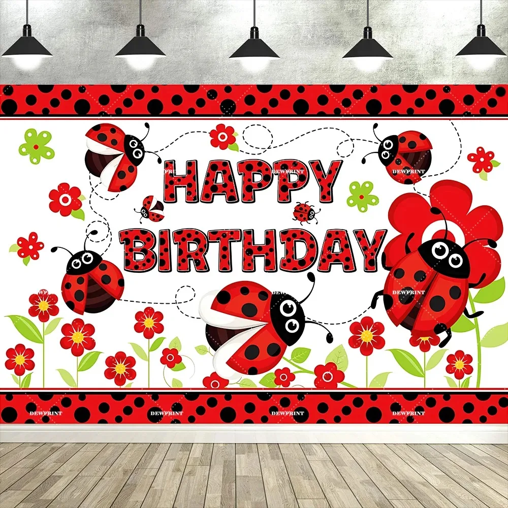 

Cute ladybug themed birthday party decoration banner backdrop, ladybug red and black polka dot children party shooting backdrop