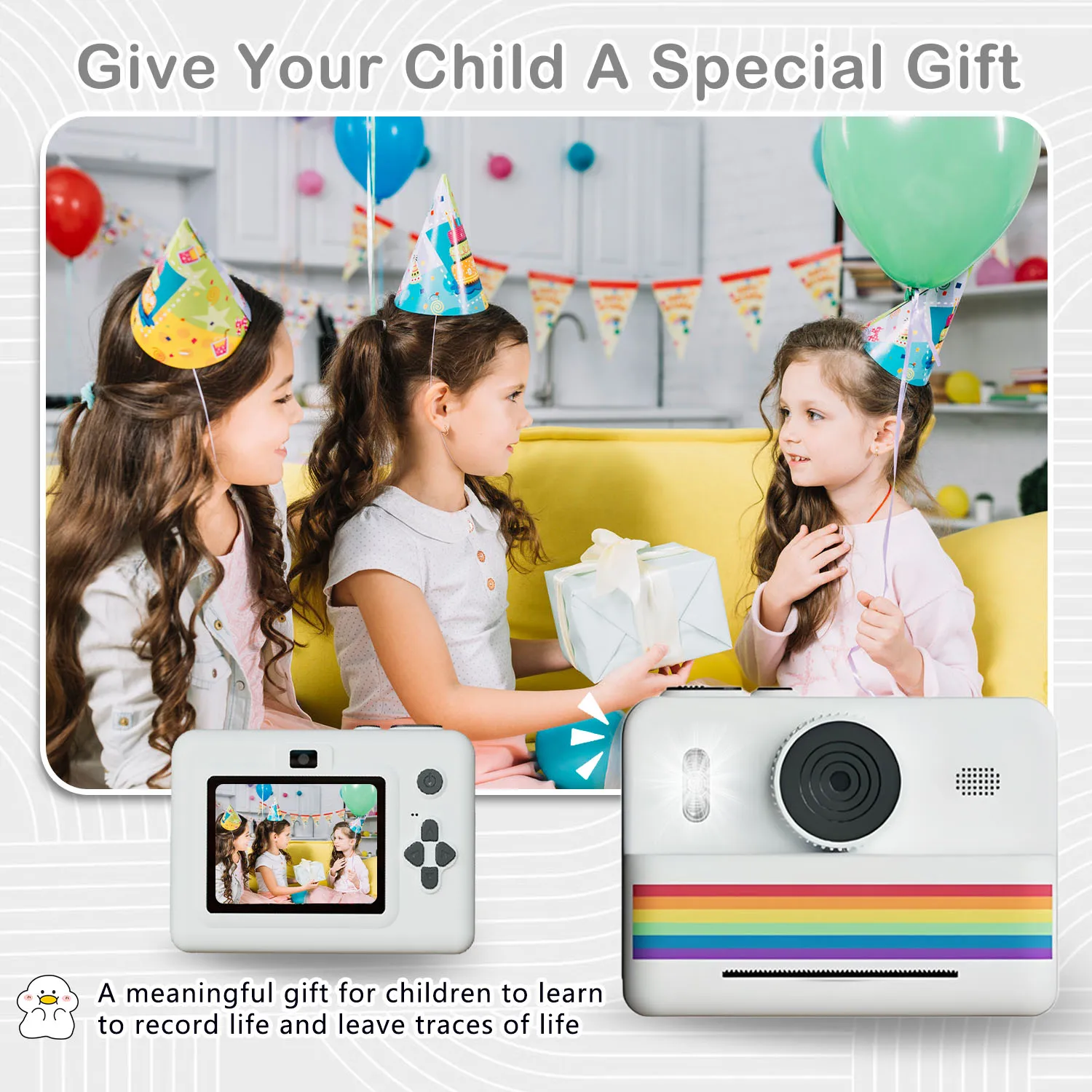 キッズカメラインスタントプリントおもちゃ、ポラロイド小型カメラ、USB充電付き、感熱紙3ロール、ギフト用