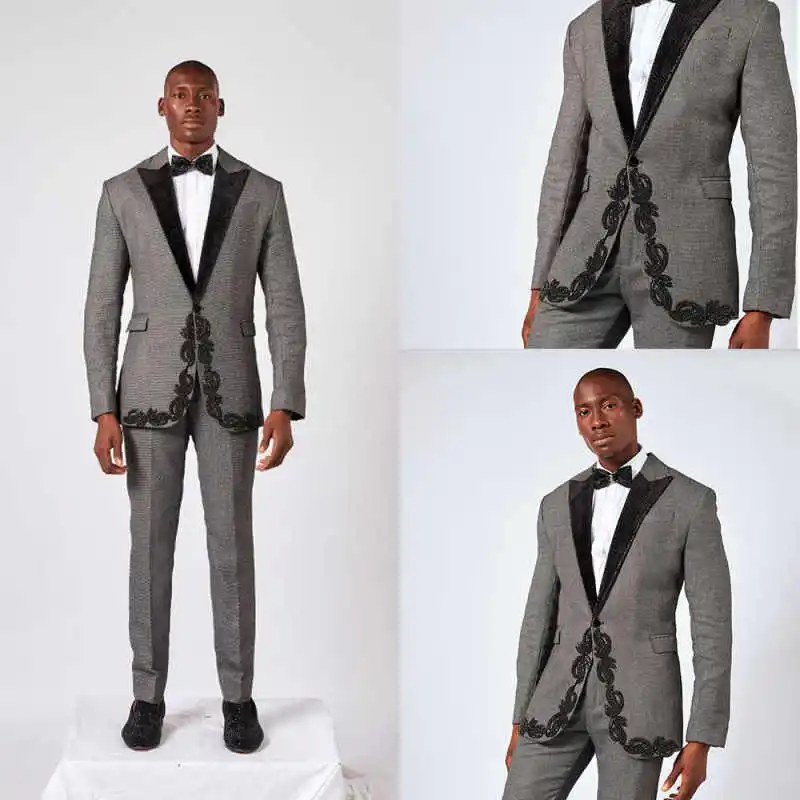 

Casual Men's Suits Herringbone 2 Pieces Jacket Pants Appliques Prom Party Formal Bussiness Costume Formal Evening Customized