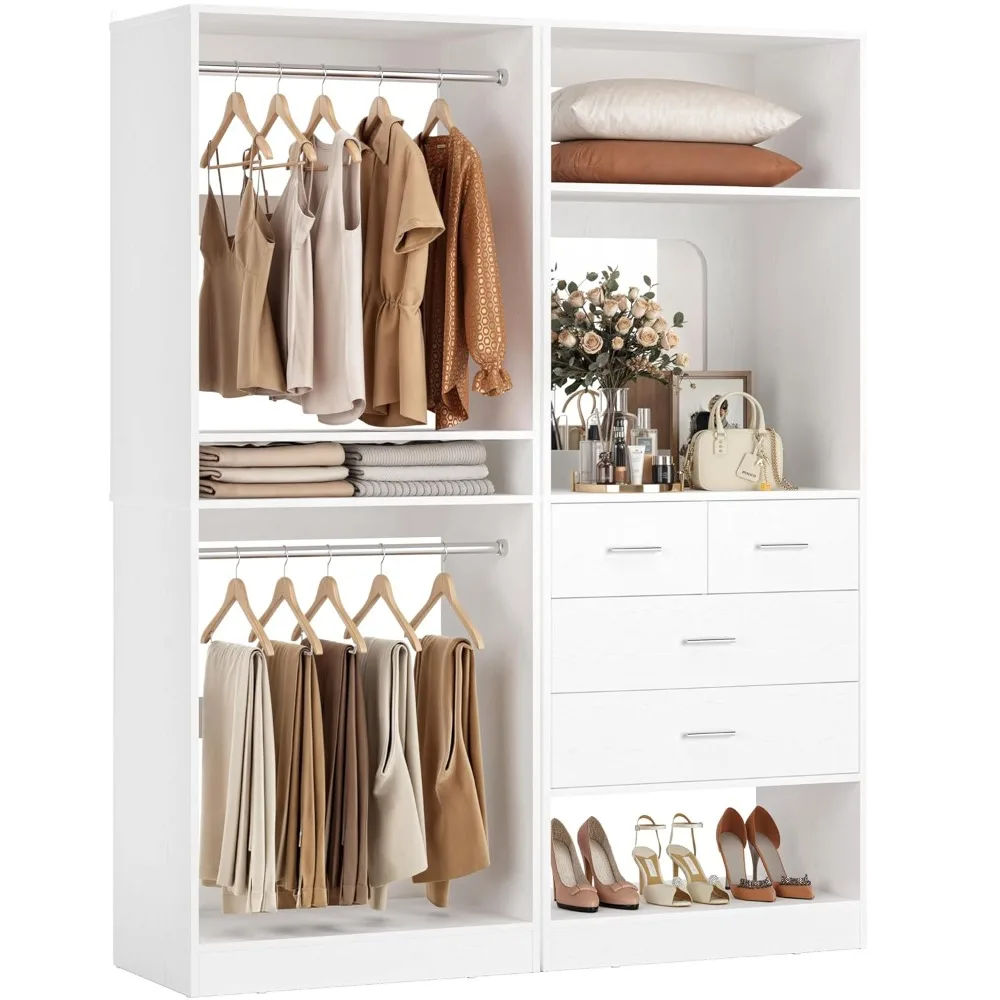 

50” Closet System with 4 Drawers, 4.2FT Wood Closet Organizer with Hanging Rods and Mirror, Reversible Small Walk, Customized