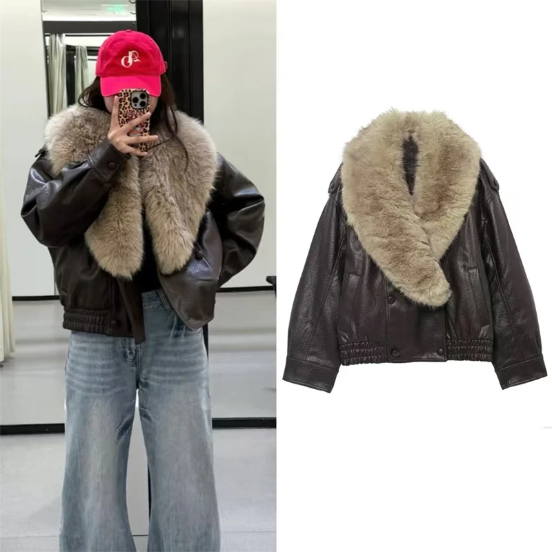 

Женская куртка 2022, осень/зима, новый стиль, темно-коричневая куртка из искусственной кожи с длинными рукавами и большим меховым воротником, повседневная мода
